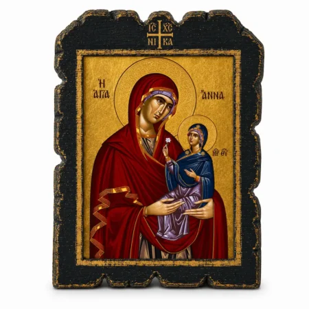 Χειροποίητη Εικόνα Αγία Άννα η Θεοπρομήτωρ (με την Παναγία) – Τεχνητή Παλαίωση σε Καμβά Υψηλής Ποιότητας
